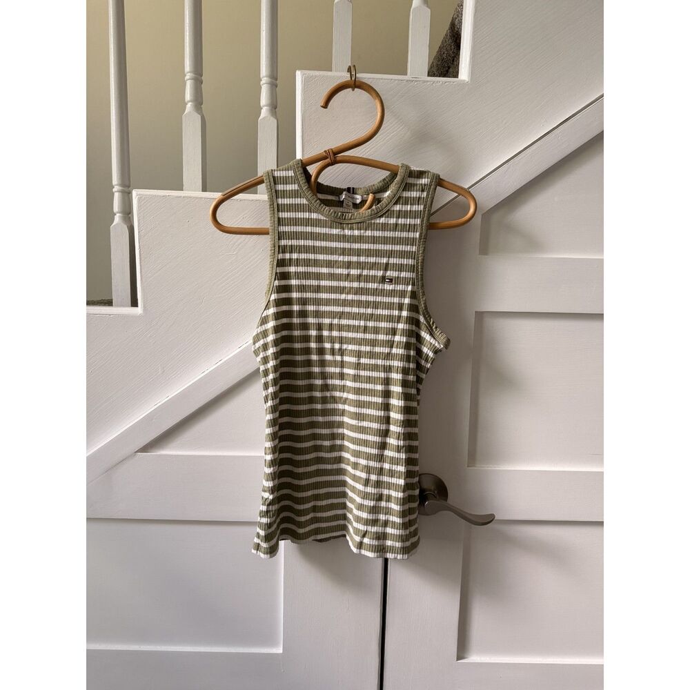 Tommy Hilfiger Olive & White Ribbed Tank | Size M